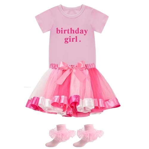 Image of Birthday Outfit Girl Toddler 3 Pcs Skirt Sets Birthday Girl Shirt and Tutu Skirt with Lace Ruffle Socks