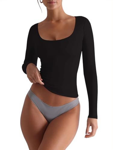 REORIA Womens Basic Square Neck Long Sleeve Shirts Double Lined Tops Tight Shirts Fall Outfits 20252