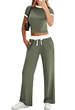 Pink Queen Women's Summer Lounge Set 2 Piece Yoga Wide Leggings Pants Color Contrast T-Shirt Top Casual Y2K Outfits Matching Tracksuit Set Army Green XL