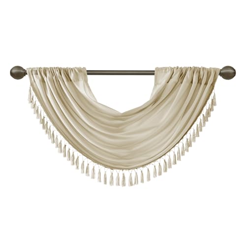 Madison Park Elena Waterfall Embellished Rod Pocket Valance , Faux Silk Valances for Window , 38X46" , Champagne