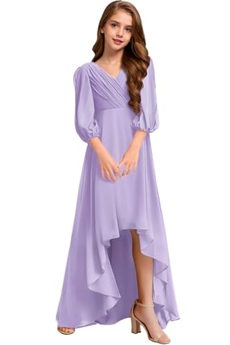 Junior Bridesmaid Dresses for Girls Chiffon Long Sleeves Girls' Special Occasion Dresses High Low Flower Girl Dress