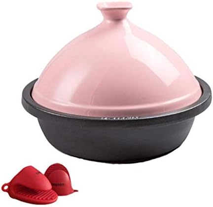 MYYINGBIN 30Cm Tagine Pot with Enameled Cast Iron Base Cone-Shaped Lid and Anti-Hot Silicone Gloves Housewarming Gift, Pink
