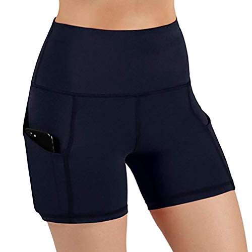 Minetom Femme Shorts de Sport, Eté Fitness Pantalon Grande Taille Mode Pantalons Courtes de Yoga avec Poche latérale Taille Haute Legging Sport Exercices Leggings D Bleu Large – vue 4