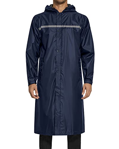 Axesquin Mens Long Raincoat With Hood Waterproof Rain Coats Lightweight Packable Outdoor Rain Jacket Rainwear Navy L #TOP27