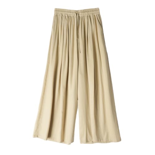 Women Summer High Waisted Wide Leg Trousers Solid Pockets Casual Baggy Pants with Drawstring
