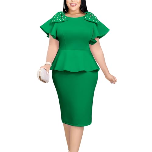 Image of ONTINVA Women's Plus Size Pencil Dress Bowtie Beaded Ruffle Flared Sleeves Wedding Guest Dress Wear to Work Dresses