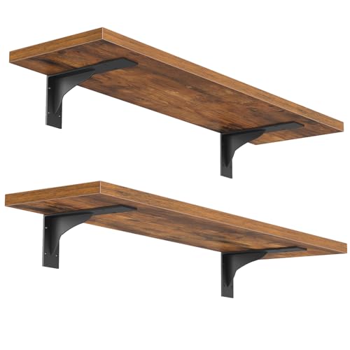 Image of HOOBRO Floating Shelves for Wall, 15.7 inch Wall Mounted Shelves Set of 2, Hanging Storage Shelf with Metal Brackets, Wooden Shelf for Living Room, Bedroom, Bathroom, Rustic Brown and Black BF42BJP201G1