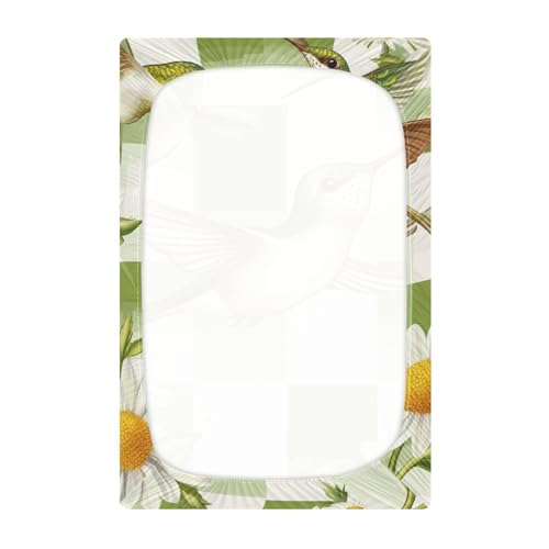 Image of Crib Sheet Breathable Soft Crib Mattress Sheet for Baby Toddler Boys Girls Fitted Crib Sheet Fit Standard Crib Mattress 52 x 28 Inch Checkered Green and White Hummingbirds Daisy