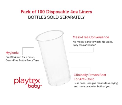 Playtex Baby Nurser Pre-Sterilized Disposable Drop-Ins Baby Bottle Liners, 4 Oz (100 Count), Anti-Colic, Gas Reduction, Easy to Clean, Closer to Breastfeeding, Perfect for Travel and On The Go