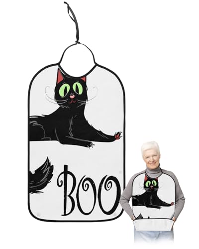 LEOKOTI Halloween Adult Bibs for Eating, Waterproof Bibs with Food Catcher & Adjustable Snap Closure, Horror Cat Black Boo Washable Clothing Protectors Adult Bibs for Elderly Women/Men