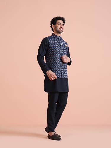 Image of KISAH Men Navy Blue Printed Nehru Jacket Ethnic Festive Waistcoat Cotton, Regular Fit