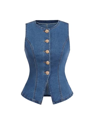 MakeMeChic Women's Denim Vest Top Summer Button Down Sleeveless Jean Jacket Crew Neck Waistcoat