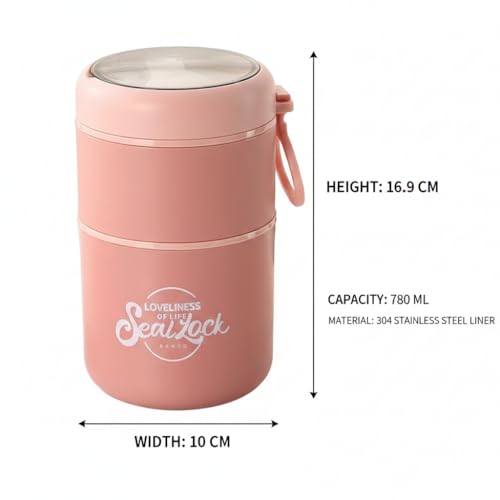 Image of 780ml Stainless Steel Lunch Box with Spoon, Handle, Leak Proof Small Container for Snack, Diet & Prep Food, Stackable Stainless Steel 2 Tier Men's Lunchbox for Work (Pink)