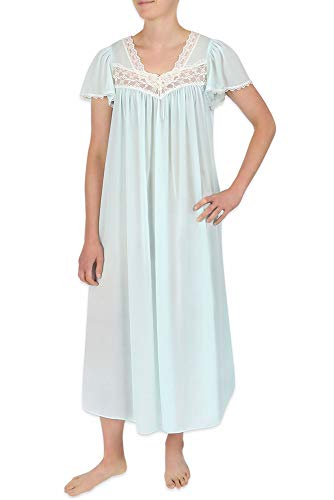 Miss Elaine Silk Essence Nightgown - Long Silky & Sheer Nylon Gown with Flutter Sleeves (Small, Aqua)