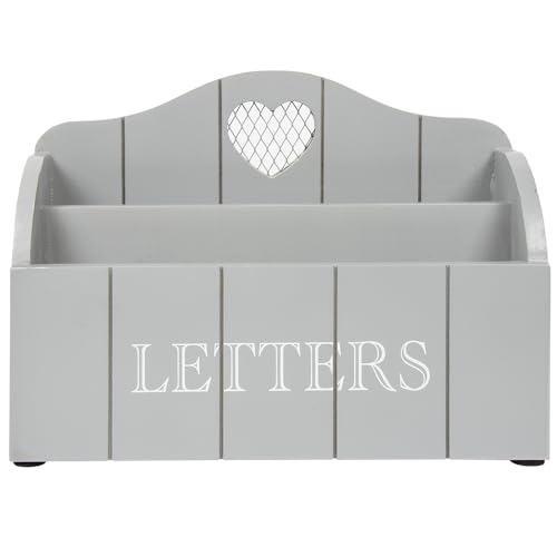 Grey Letter Rack With Contrasting White Letters Wording and Cutout Heart Detail Twin Compartment Decorative Mail Organiser (Grey)