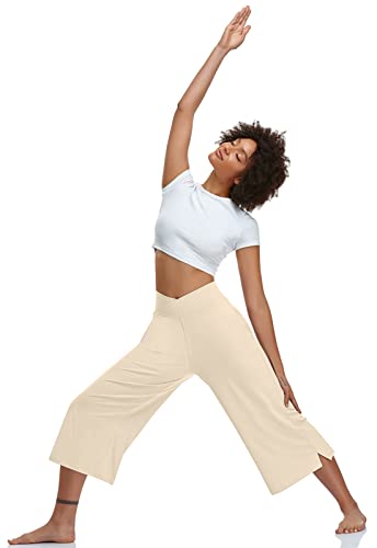 Image of TARSE Womens Casual Wide Leg Yoga Capris Crossover High Waist Capri Pants Loose Soft Pajama Pockets Sweatpants