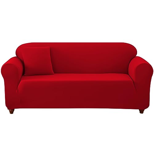 WOWTOY Sofa Cover 1 2 3 4 Seater Slip Cover Sofa Couch Stretch Elastic Fabric Sofa Protector (3 Seater, Red)