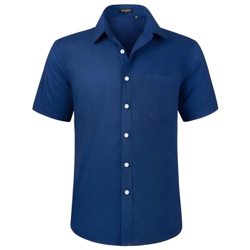 HISDERN Camisa Azul Marino de Manga Corta para Hombre Camisa de Vestir de Corte Regular para Hombre Camisa de Verano sólida con Bolsillo en el Pecho,L