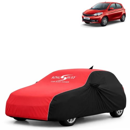 Image of KINGSWAY Super Waterproof Car Cover Only with Tata Tiago (Year 2016 to 2020 - All Model) | Mirror and Antenna Pockets | All Weather Car Body Cover with Silver Piping | Black Red