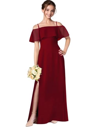 Off Shoulder Girls Junior Bridesmaid Dress for Wedding Chiffon Flower Girl Dresses for Teen with Slit