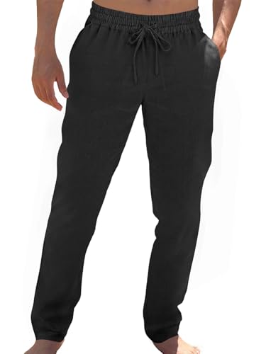 Runcati Mens Cotton Pants Elastic Waist Drawstring Casual Beach Linen Pants Lightweight Loose Fit Yoga Trousers Black