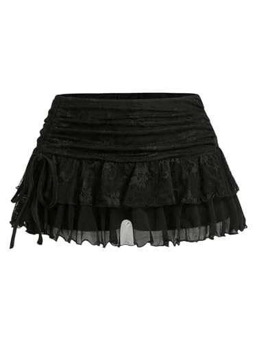 SHENHE Women's Lace Mini Skirt Y2k Low Rise Ruched Layered Ruffle Skirt