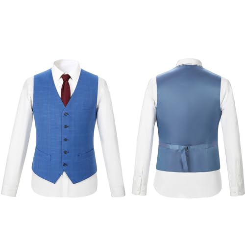 Men's 3 Pieces Slim Fit Plaid Suits Wedding Party Checked Tuxedo Blazer Jacket Vest Pants Suit Set, Blue XL2