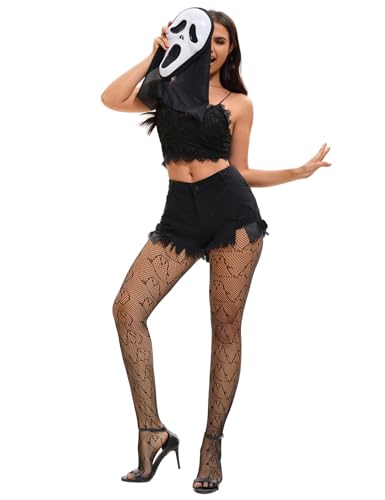 Image of Halloween Fishnet Tights Black Gothic Ghost Pattern Stockings for Women Creepy Costume Party Cosplay Pantyhose
