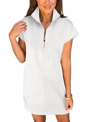 Image of ANRABESS Womens Summer Casual Half Zip Cap Sleeve Trendy Wrinkle-Free Tshirt Dress 2026 Spring Beach Vacation Short Dresses