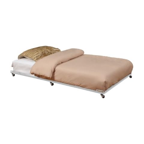 KB Designs - Twin Roll-Out Metal Trundle Bed Frame with Wheels, Cream White Cover