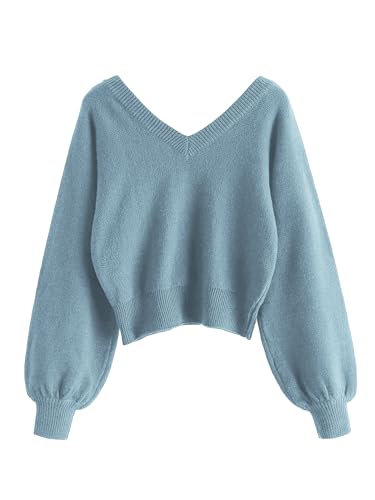 Image of ZAFUL Women's Cropped Sweater V-Neck Long Sleeve Pullover Jumper Knit Top | Crop Length, Ribbed Knit, Double V design, White sweater, Raglan sleeves, lantern sleeve, Fall & Winter, Loose fit, Oversized