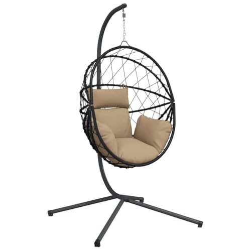 Teenpull Hamaca colgante con diseño de huevo con soporte de acero y ratán, color topo acolchado, 104 x 100 x 197 cm, muebles de exterior para balcón, terraza, cómodo asiento mecedora con funda de