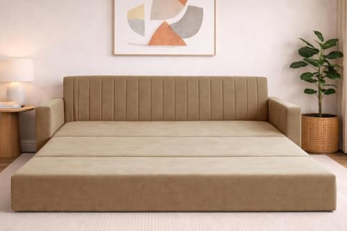 Image of Sofa-Cum-Bed | Three Seater Foldable Sofa Bed Couch with Armrest | Velvet Fabric Sofa for Living Room, Bedroom & Office- Golden Color