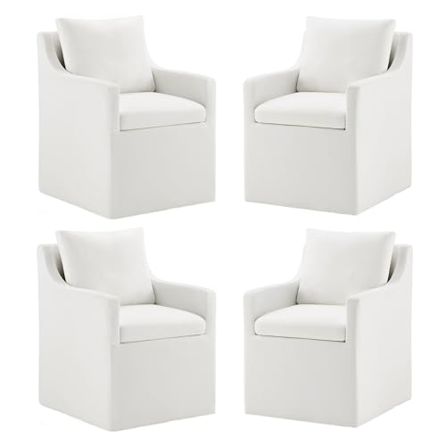 Image of KISLOT Upholstered Dining Chairs with Casters Modern Side Armchair with Rollers for Diningroom Bedroom Livingroom Reading Room, Cream, 4 Box
