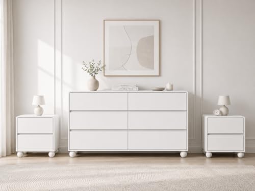 Image of Furniway 3 Piece Bedroom Set, 6 Drawer Dresser and 2 Nightstands, White | Featuring stylish round legs, modern wood chest design and versatile storage cabinet functionality for bedroom organization