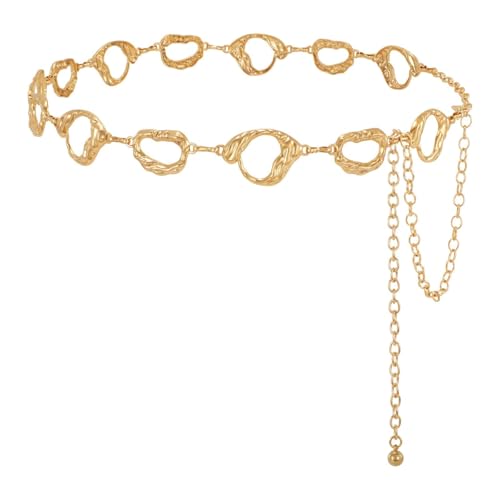 WHIPPY Metal Waist Chain Belt Women Adjustable Body Link Belts Ladies Fashion Chain for Jeans Dress, Gold Ring Shape L