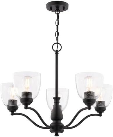 VAXCEL Bellwood 5-Light 24.5 in. Wide Black Chandelier, Clear Seeded Glass Shade, LED Compatible, Adj Height, Hanging Ceiling Pendant Fixture for Dining Table Kitchen Entryway Bedroom Island Foyer