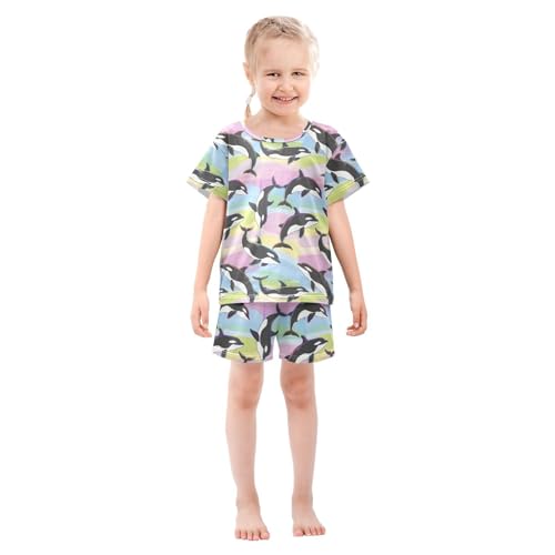 ALAZA Rainbow Dolphin Fish Color Pajamas Short Sleeve 2 Piece Sleepwear Top and Bottom Pajama Set Unisex3