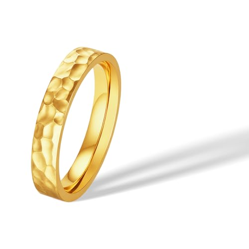 4mm Hammered Gold Band Ring,14K Gold Plated Titanium and Stainless Steel Non Tarnish Stacking Statement Ring for Women Men