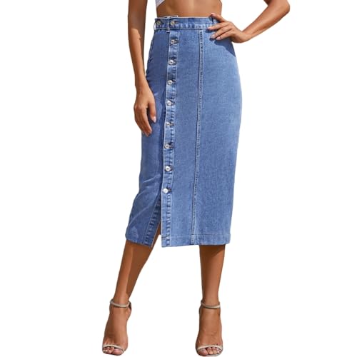 Falda Vaquera Midi Mujer, Cintura Alta, Abertura Frontal, Faldas Vaqueras Elásticas, Tubo, Botones En La Partelantera, Largo hasta La Pantorrilla, Afueras Midi Verano, Ajustada, Informal, Pa