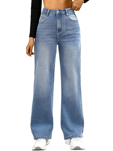 HDLTE Women Wide Leg Jeans Junior High Waist Baggy Jean Loose Boyfriends Jeans Blue Washed