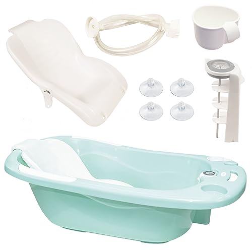 Olmitos - Cubeta Bañera para Bebé | Incluye Reductor Antideslizante y Termómetro de Agua, válvula de vaciado y cacito para agua | Desde 0+ Meses (Menta)