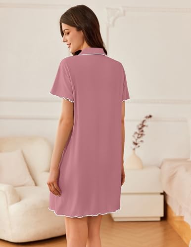 Image of Ekouaer Nightgowns for Women Button Down Sleep Shirt Short Sleeve NightShirts Boyfriend Sleepdress Soft Pajama Dress