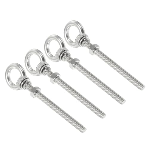 Image of uxcell M8x100 5 /16 inchx4 inch Stainless Steel Eye Bolts Threaded Screw Eyebolt Shoulder Ring with Nuts Washers for Lifting Hanging, 4 Set