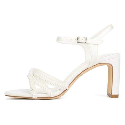 Women's White Heeled Sandals Pearl Wedding Shoes Open Toe Strappy Bridal Heels3