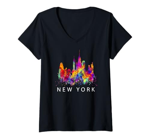 Mujer Colorful New York City with Splash Colors, New York City Camiseta Cuello V