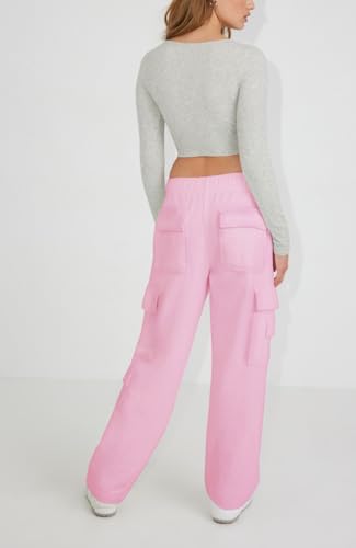 Waitfairy Wide Leg Sweatpants Women Cargo Pants Fleeece High Waisted Baggy Sweatpants for Women Casual Pants with 8 Pockets Pink XL4