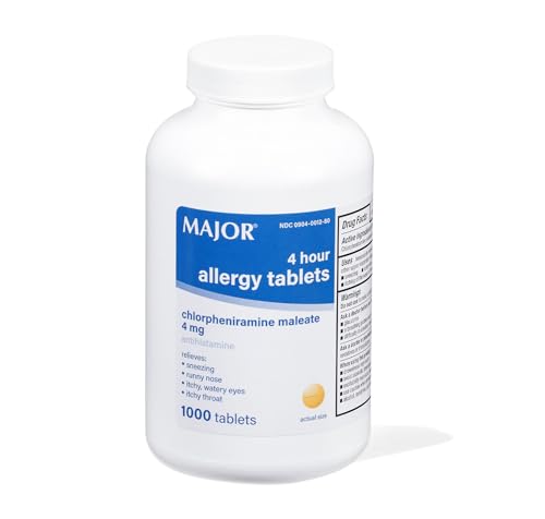 MAJOR 4 Hour Allergy Tablets - Chlorpheniramine Maleate - 4 mg - Antihistamine - 1000 Count (1 Pack)