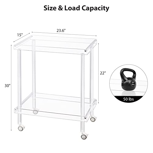Hmyhum Acrylic Bar Cart, Rolling Serving Cart With 4 Lockable Wheels For The Home Bar, Kitchen, Living Room, Modern, 2-Tier, 23.6" L X 15" W X 30" H, Clear #TOP2