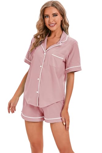 Image of LUBOT 100% Cotton Pajamas for Women 2 Piece PJ Set Button-Down Soft Knit Short Sleeve Summer Sleepwear Loungewear XS-XXL